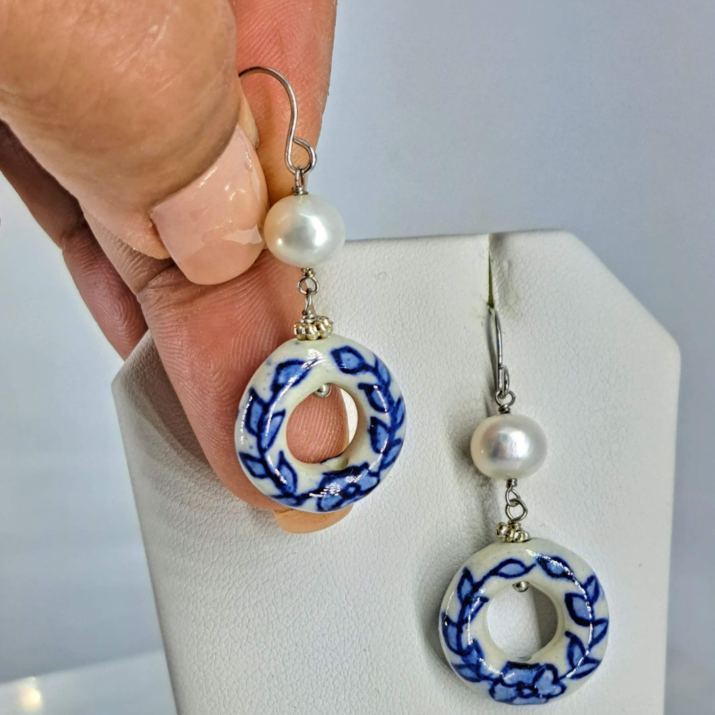"Blue China" 1.75" Earrings - Pearls, Porcelain, Sterling