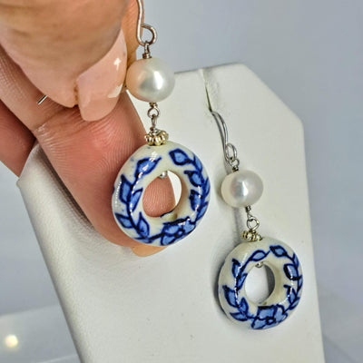 "Blue China" 1.75" Earrings - Pearls, Porcelain, Sterling