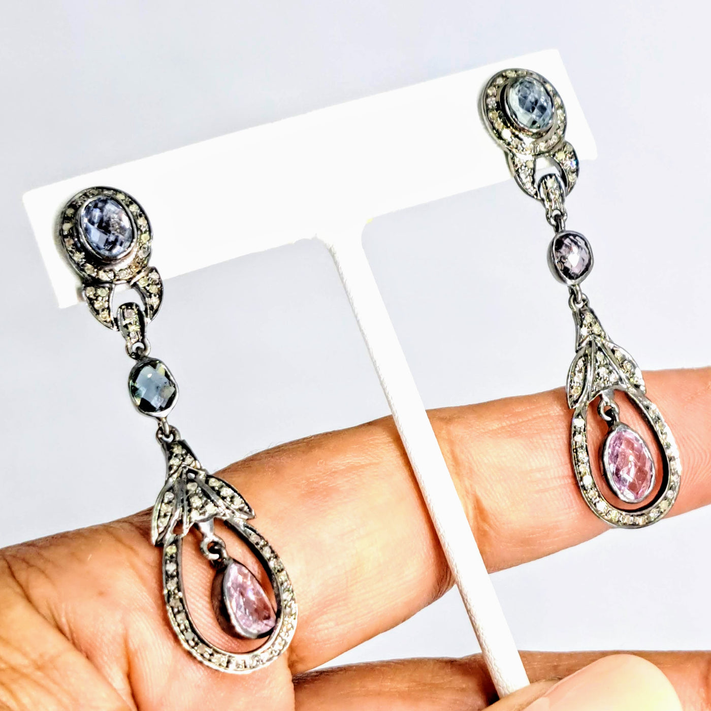 "Deco Darlings" 2.25" Earrings - Sapphire, Diamonds, Oxidized Sterling