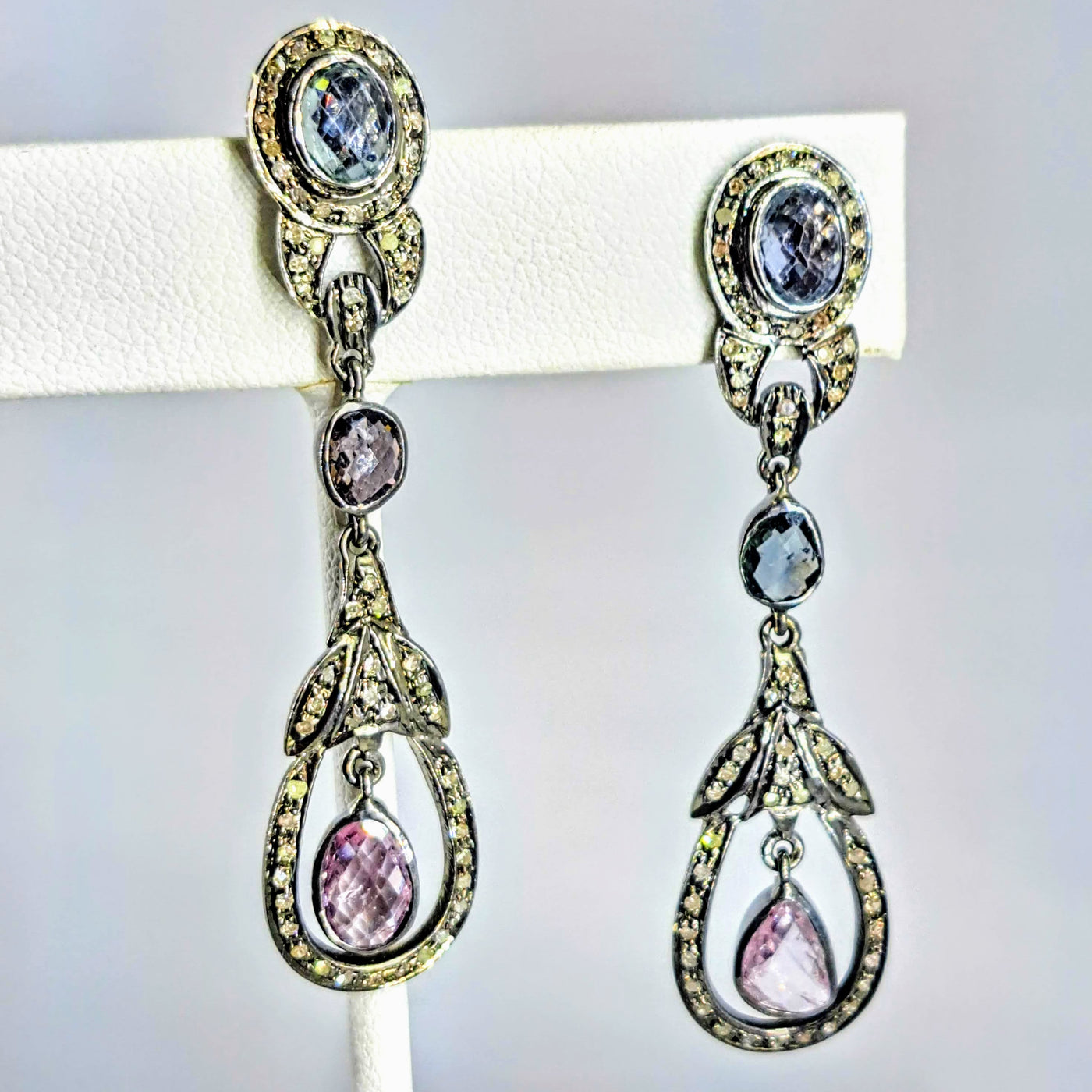 "Deco Darlings" 2.25" Earrings - Sapphire, Diamonds, Oxidized Sterling