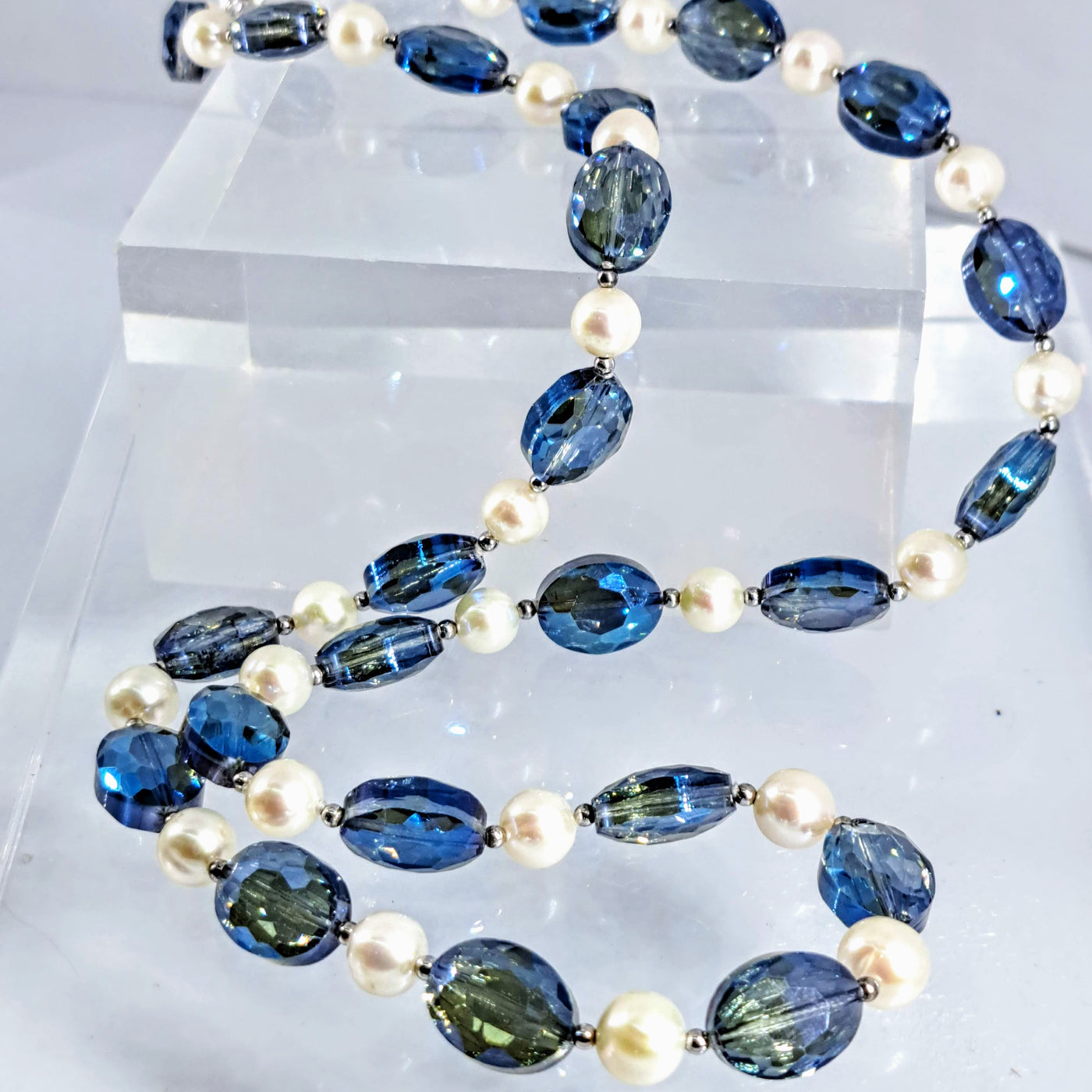 "Blue Flash Baubles" 30" Necklace - Swarovski Crystal, Peals, Sterling