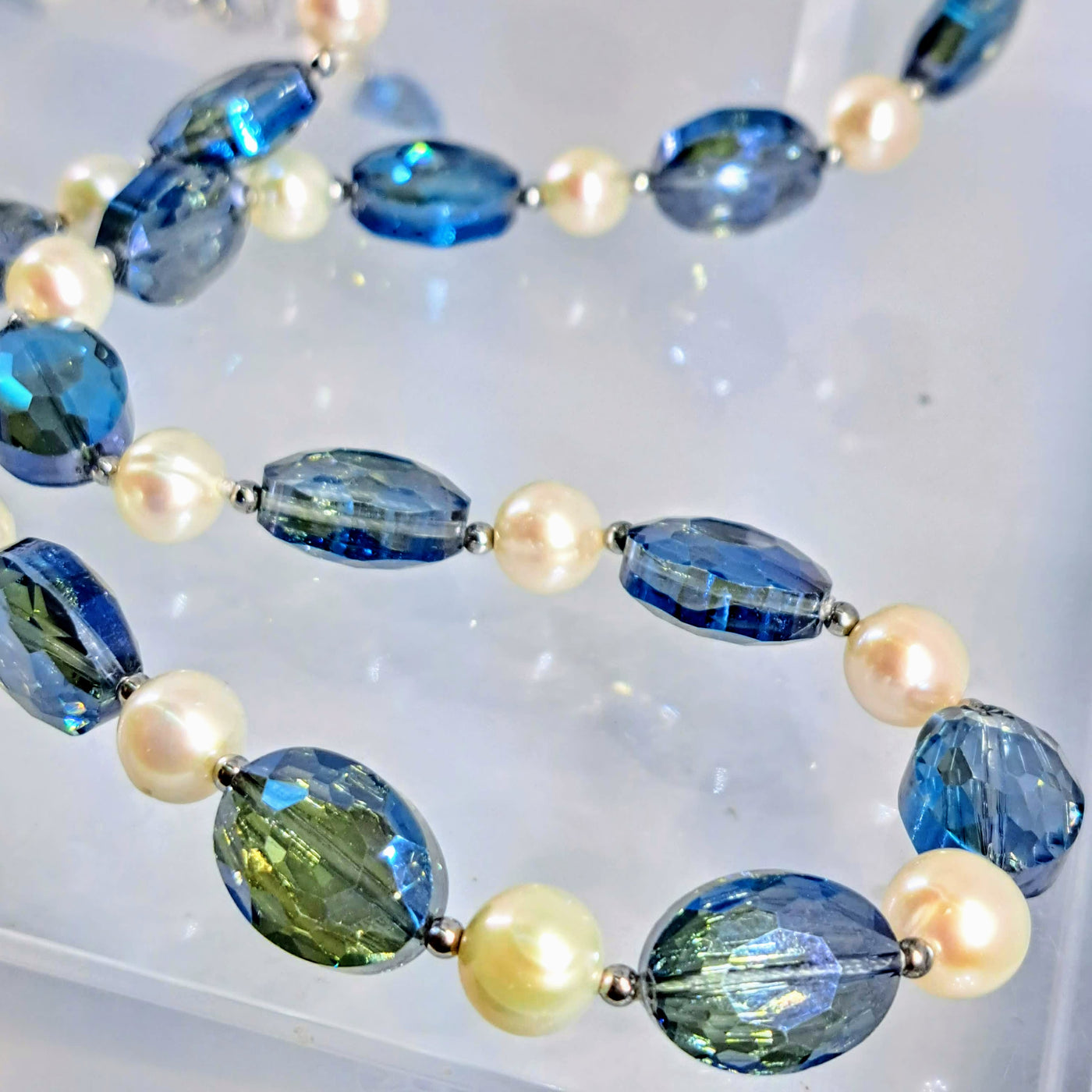 "Blue Flash Baubles" 30" Necklace - Swarovski Crystal, Peals, Sterling
