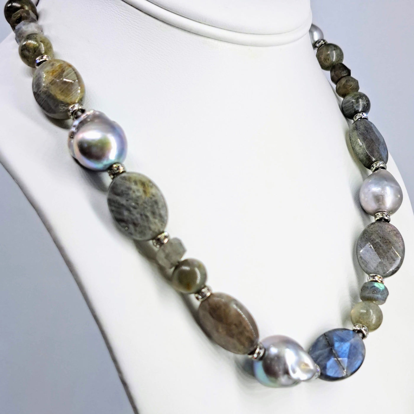 "Gulf Stream" Pendant Necklace - Labradorite, Pearls, Crystals