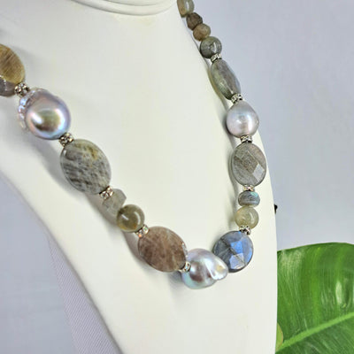 "Gulf Stream" Pendant Necklace - Labradorite, Pearls, Crystals