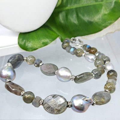 "Gulf Stream" Pendant Necklace - Labradorite, Pearls, Crystals