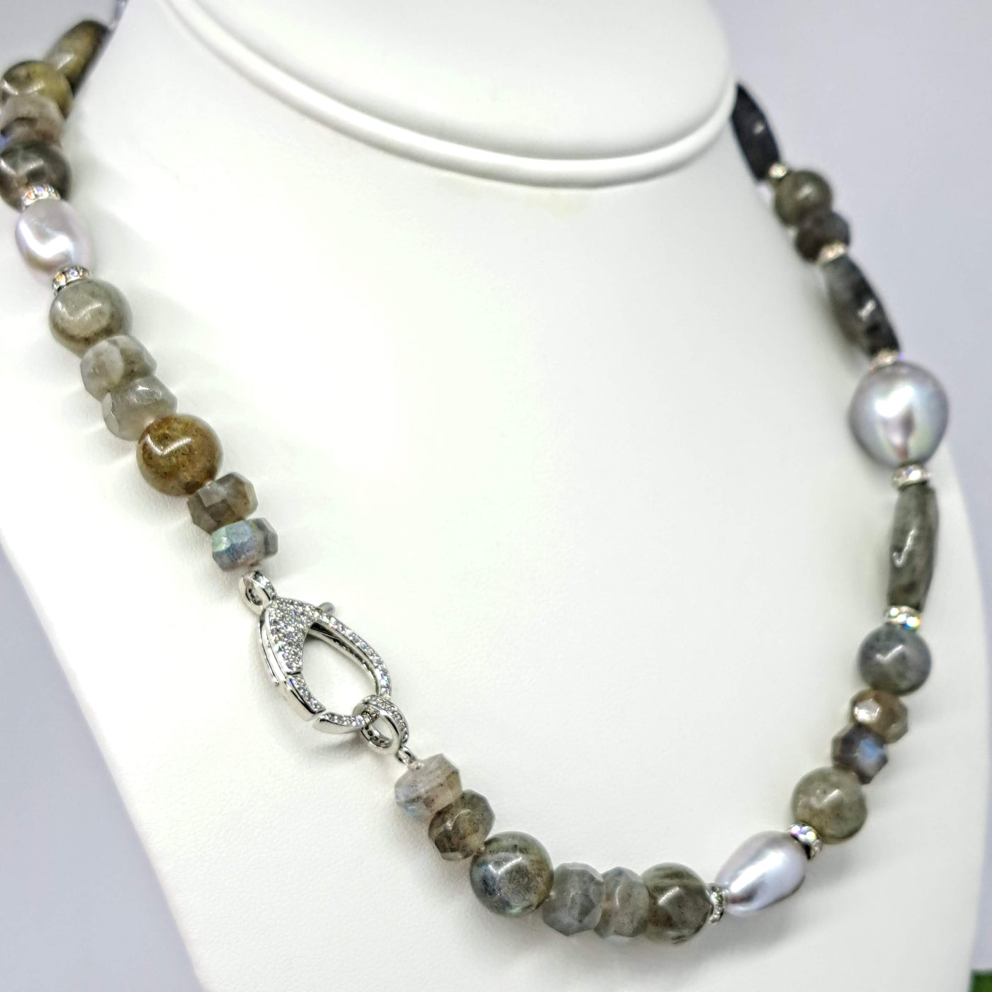 "Gulf Stream" Pendant Necklace - Labradorite, Pearls, Crystals