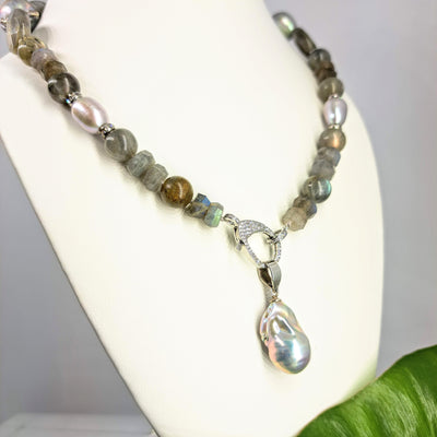 "Gulf Stream" Pendant Necklace - Labradorite, Pearls, Crystals