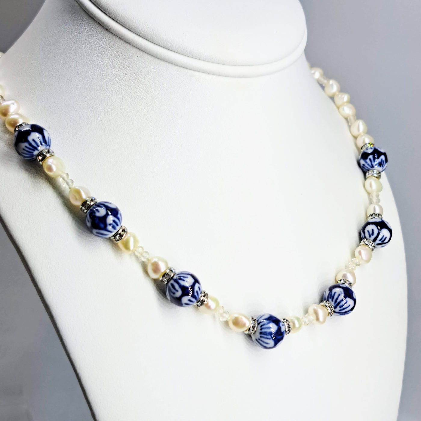 "Holy-Precious Blue China!" 18"-20" Necklace - Porcelain, Pearls, Quartz, Crystal, Sterling