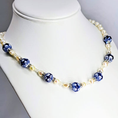 "Holy-Precious Blue China!" 18"-20" Necklace - Porcelain, Pearls, Quartz, Crystal, Sterling