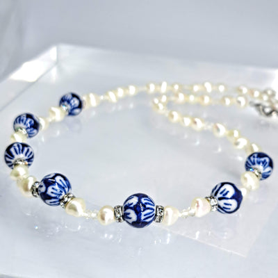 "Holy-Precious Blue China!" 18"-20" Necklace - Porcelain, Pearls, Quartz, Crystal, Sterling