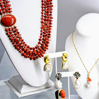 "Hot Tamale-Sundance" 24"-26" Necklace - Ethical Coral, Glass, Gold Sterling