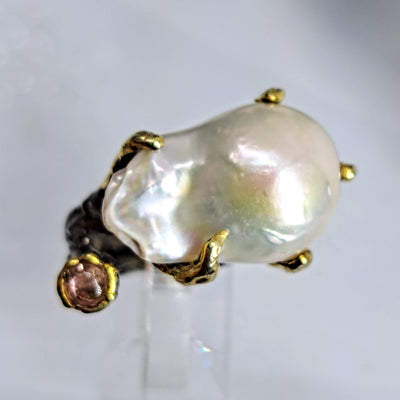 "Bauble Ring" Size 8.25 Ring - Baroque Pearl, Tourmaline, Black Sterling, 18k Gold