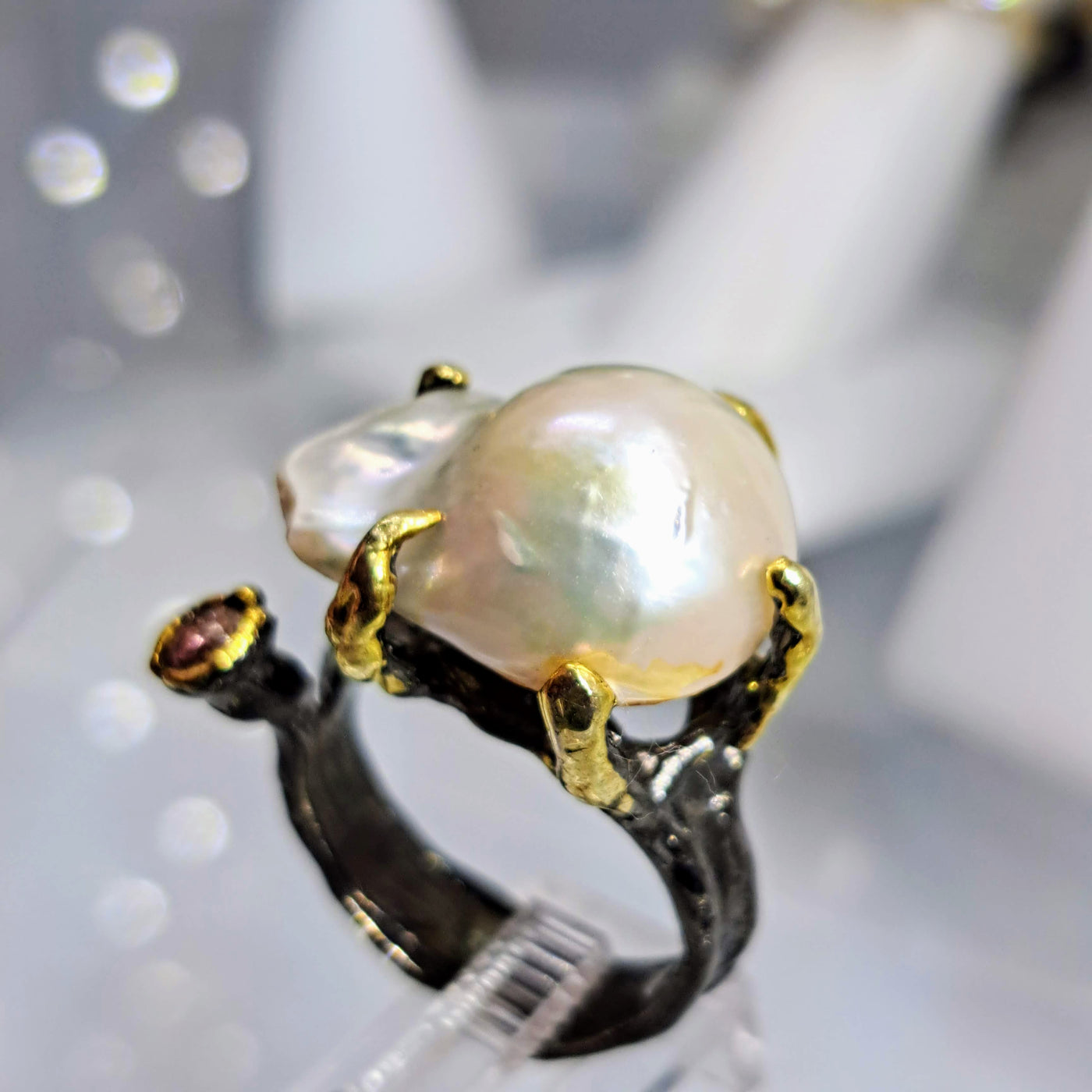 "Bauble Ring" Size 8.25 Ring - Baroque Pearl, Tourmaline, Black Sterling, 18k Gold