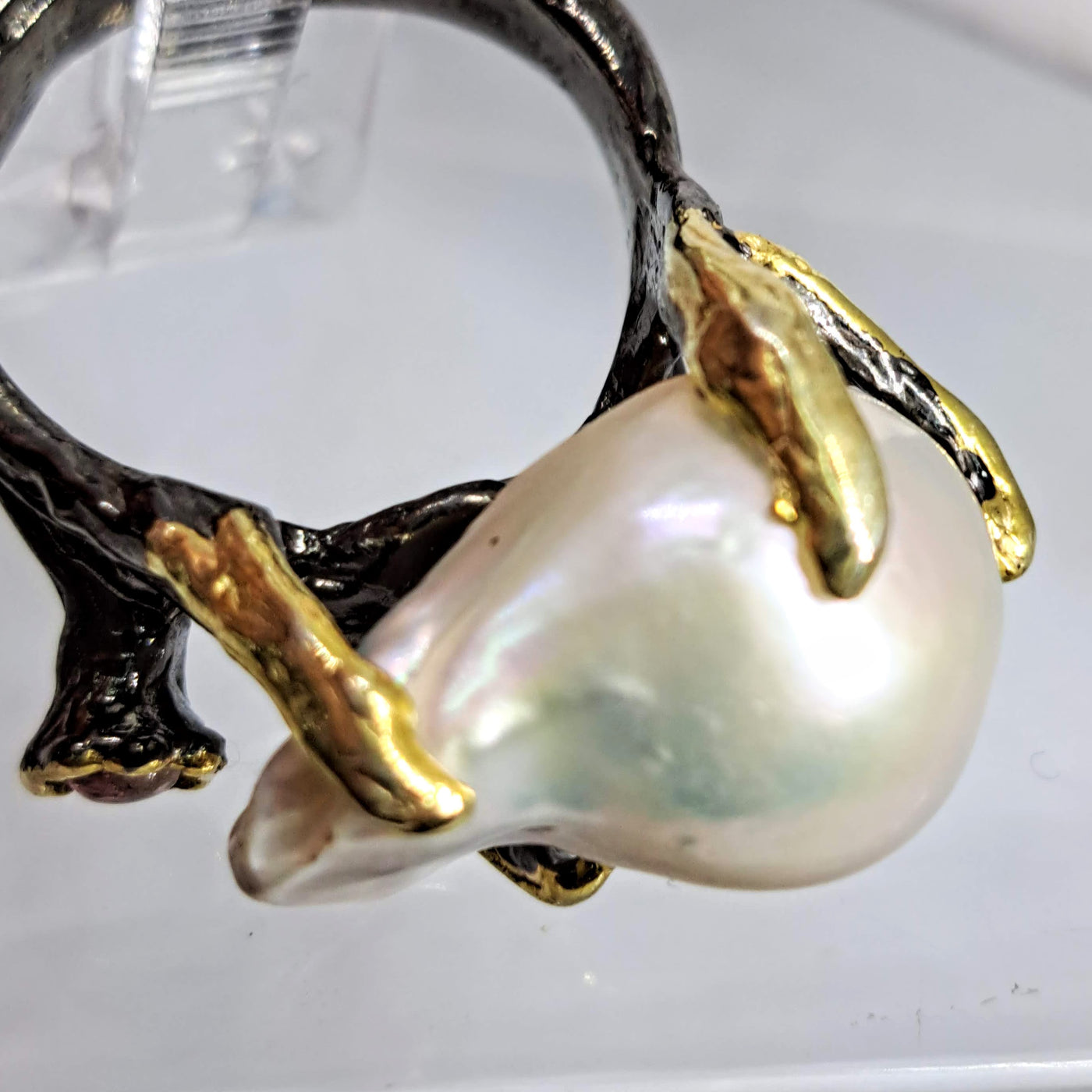 "Bauble Ring" Size 8.25 Ring - Baroque Pearl, Tourmaline, Black Sterling, 18k Gold