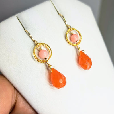 "Mango Drops" 1.5" Earrings - Carnelian, Peruvian Opal, Gold Sterling.