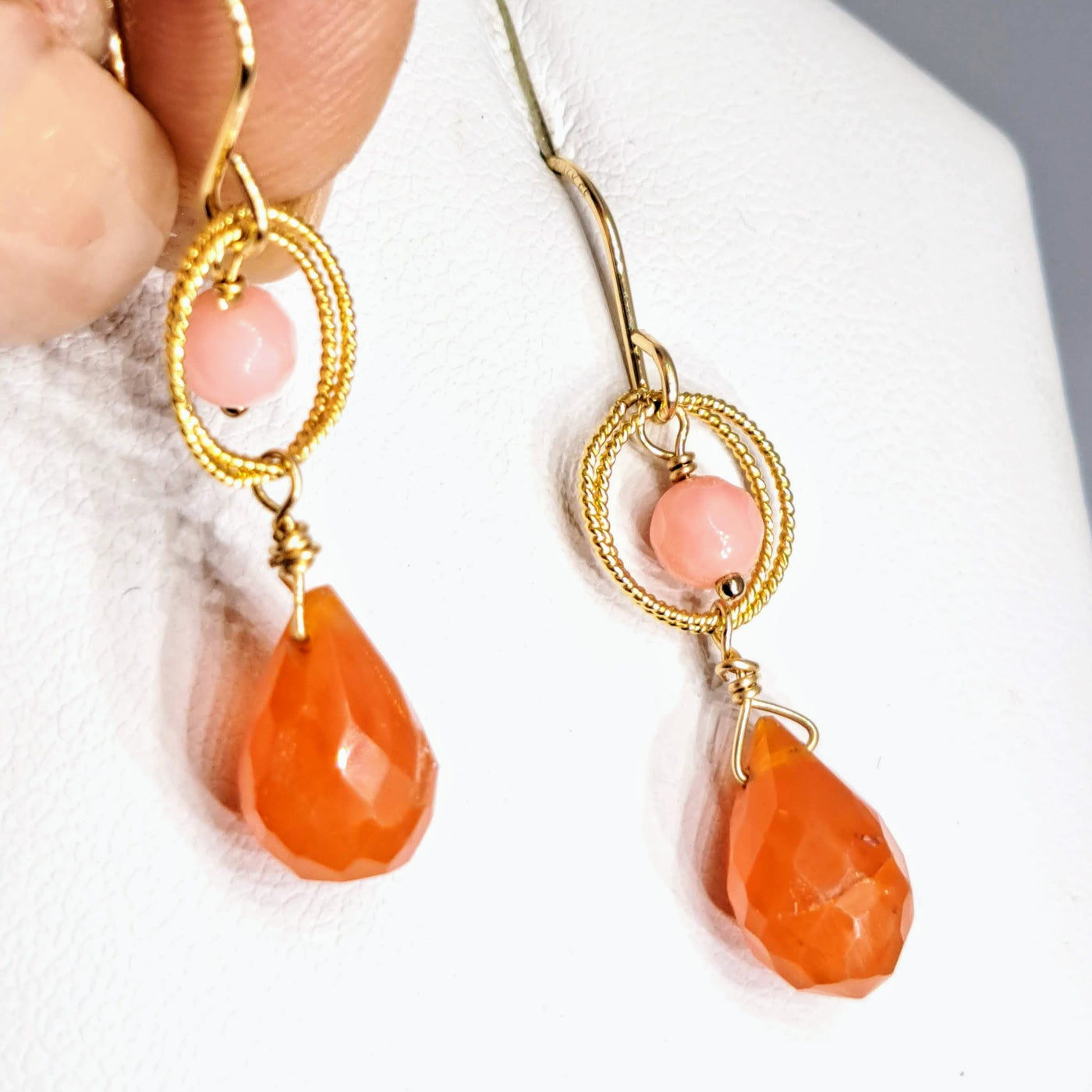"Mango Drops" 1.5" Earrings - Carnelian, Peruvian Opal, Gold Sterling.