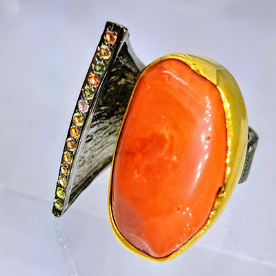 "I 💗 Italian" Adjustable Ring - Italian Red Coral, Sapphire, Black Sterling, 18k Gold