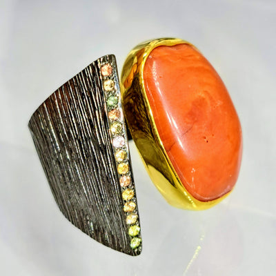"I 💗 Italian" Adjustable Ring - Italian Red Coral, Sapphire, Black Sterling, 18k Gold