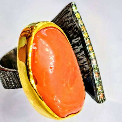 "I 💗 Italian" Adjustable Ring - Italian Red Coral, Sapphire, Black Sterling, 18k Gold