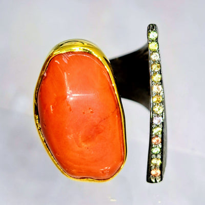 "I 💗 Italian" Adjustable Ring - Italian Red Coral, Sapphire, Black Sterling, 18k Gold