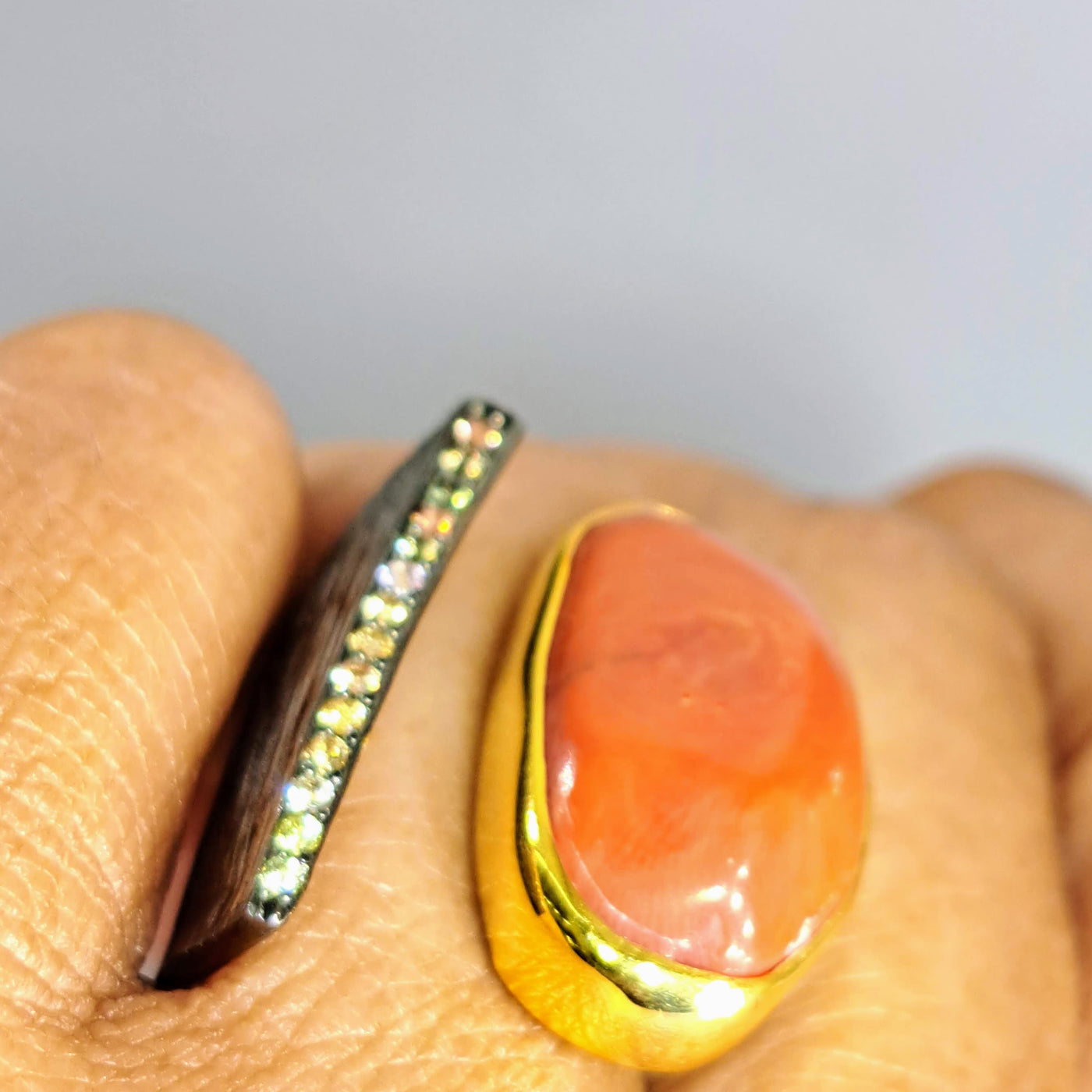 "I 💗 Italian" Adjustable Ring - Italian Red Coral, Sapphire, Black Sterling, 18k Gold