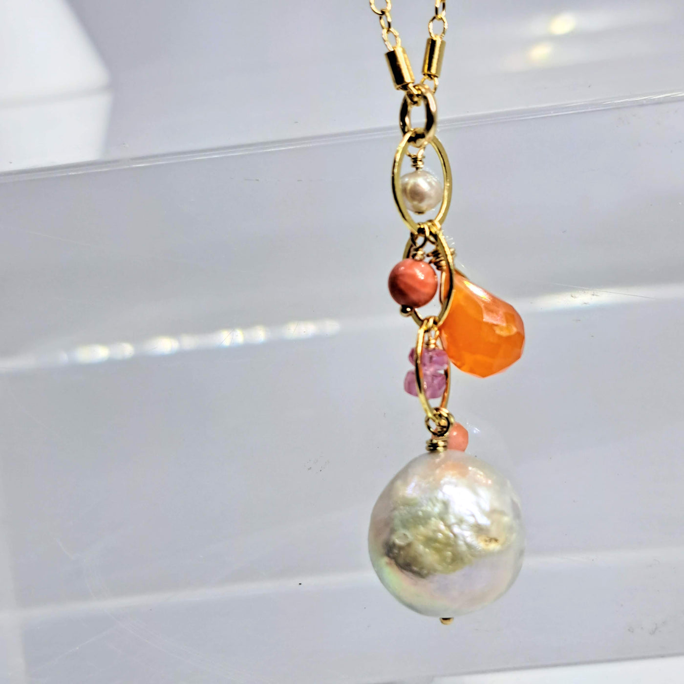 "Florida Sun" Pendant Necklace - Tourmaline, Opal, Carnelian, Coral, Pearl, Gold Sterling