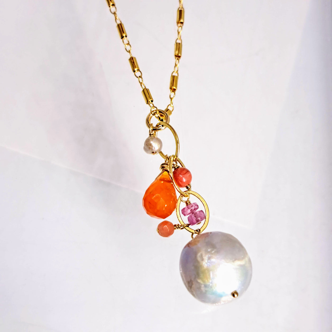 "Florida Sun" Pendant Necklace - Tourmaline, Opal, Carnelian, Coral, Pearl, Gold Sterling