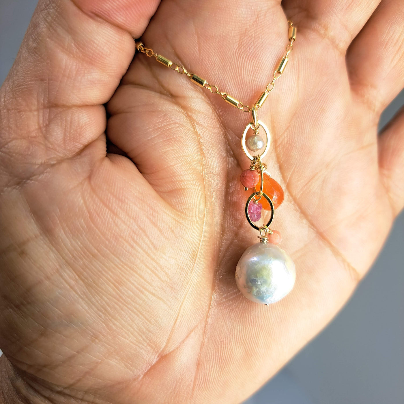 "Florida Sun" Pendant Necklace - Tourmaline, Opal, Carnelian, Coral, Pearl, Gold Sterling