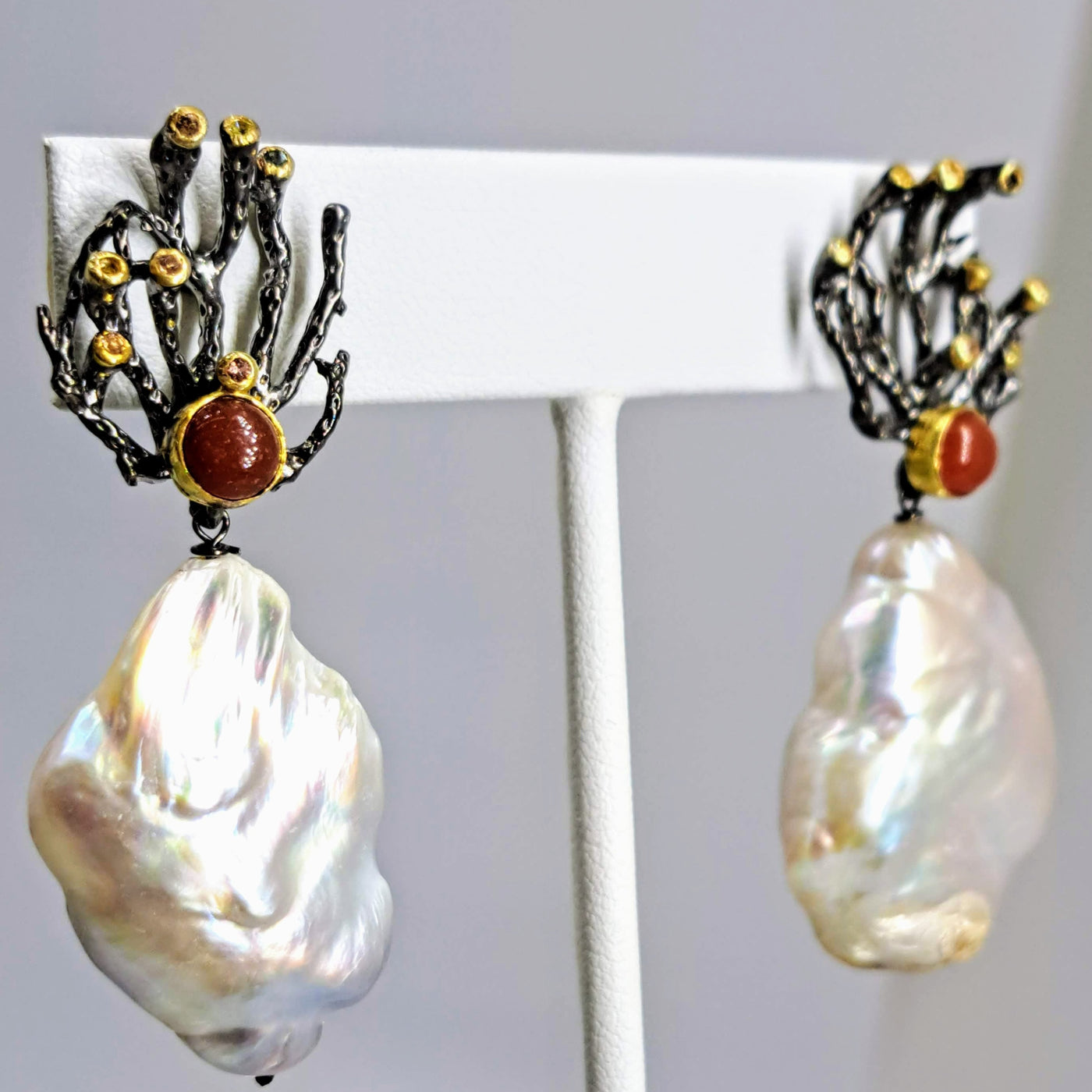 "Sea Fan-Tastic" 2.25" Earrings - Baroque Pearls, Carnelian, Sapphire, Black Sterling, 18k Gold