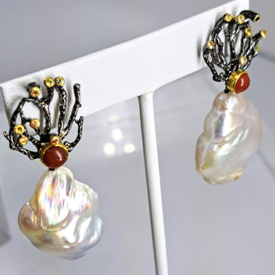 "Sea Fan-Tastic" 2.25" Earrings - Baroque Pearls, Carnelian, Sapphire, Black Sterling, 18k Gold