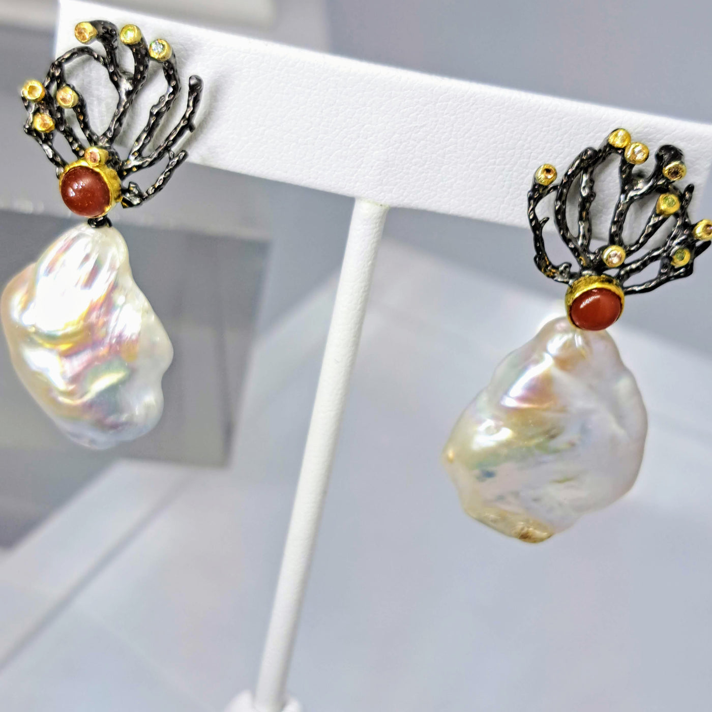 "Sea Fan-Tastic" 2.25" Earrings - Baroque Pearls, Carnelian, Sapphire, Black Sterling, 18k Gold