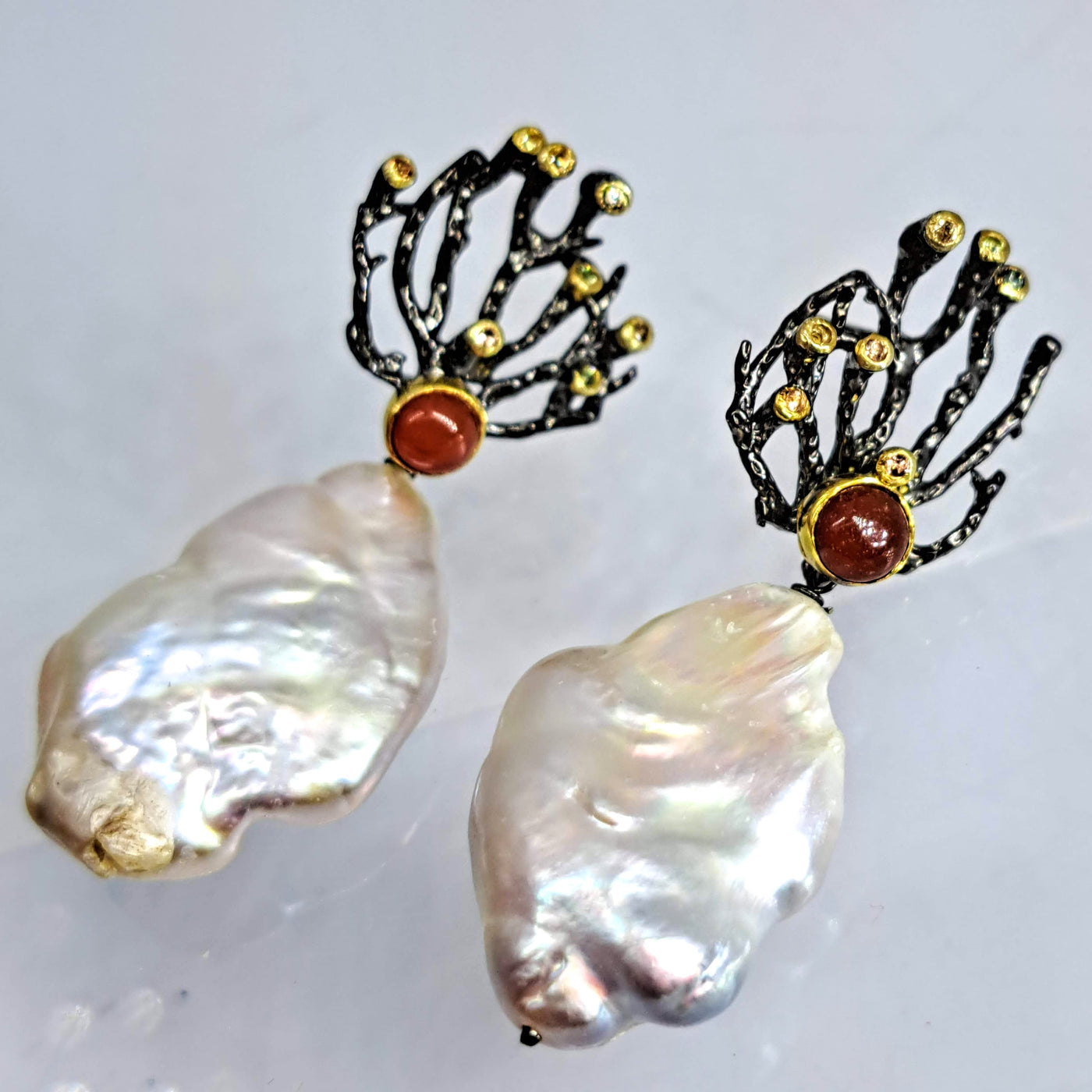 "Sea Fan-Tastic" 2.25" Earrings - Baroque Pearls, Carnelian, Sapphire, Black Sterling, 18k Gold