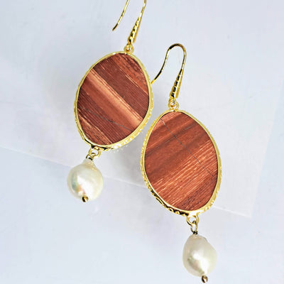 "Brick- House" 3.25" Earrings - Red Jasper, Baroque Pearls, Gold Filled
