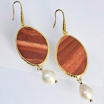 "Brick- House" 3.25" Earrings - Red Jasper, Baroque Pearls, Gold Filled