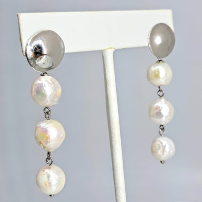 "Triple Baroque-drop" 2.25" Earrings - Baroque Pearls, Sterling