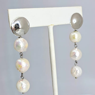 "Triple Baroque-drop" 2.25" Earrings - Baroque Pearls, Sterling