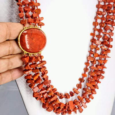 "Hot Tamale-Sundance" 24"-26" Necklace - Ethical Coral, Glass, Gold Sterling