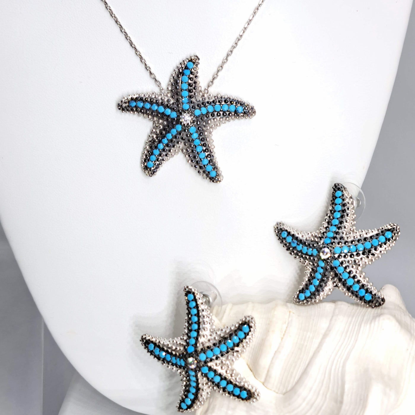 "Sea N Stars" 1.5" Earrings - Nano Turquoise, Crystal, Sterling