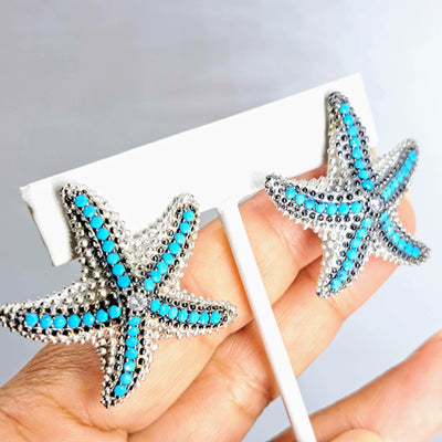"Sea N Stars" 1.5" Earrings - Nano Turquoise, Crystal, Sterling