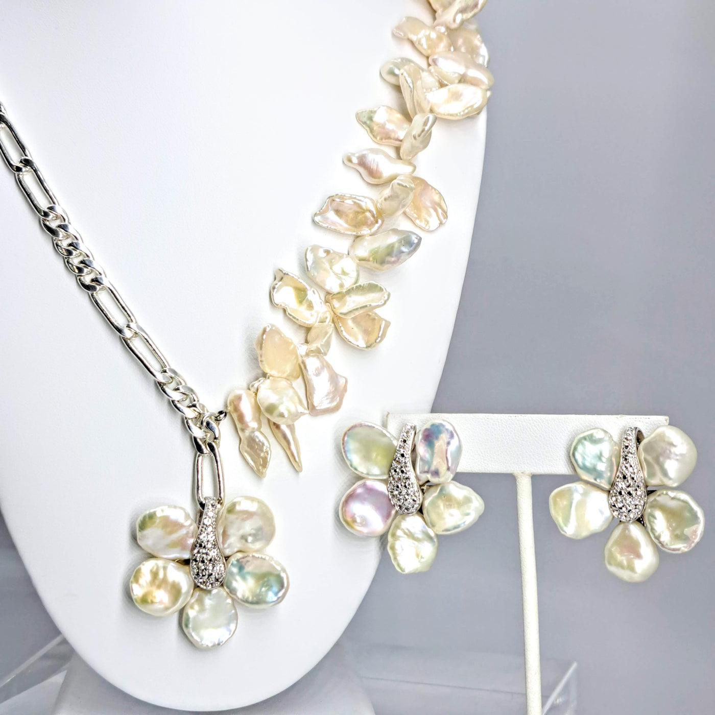 "Mind Bloom" 1.5" Earrings - Petal Pearls, White Topaz, Sterling (Anti-tarnish treated)