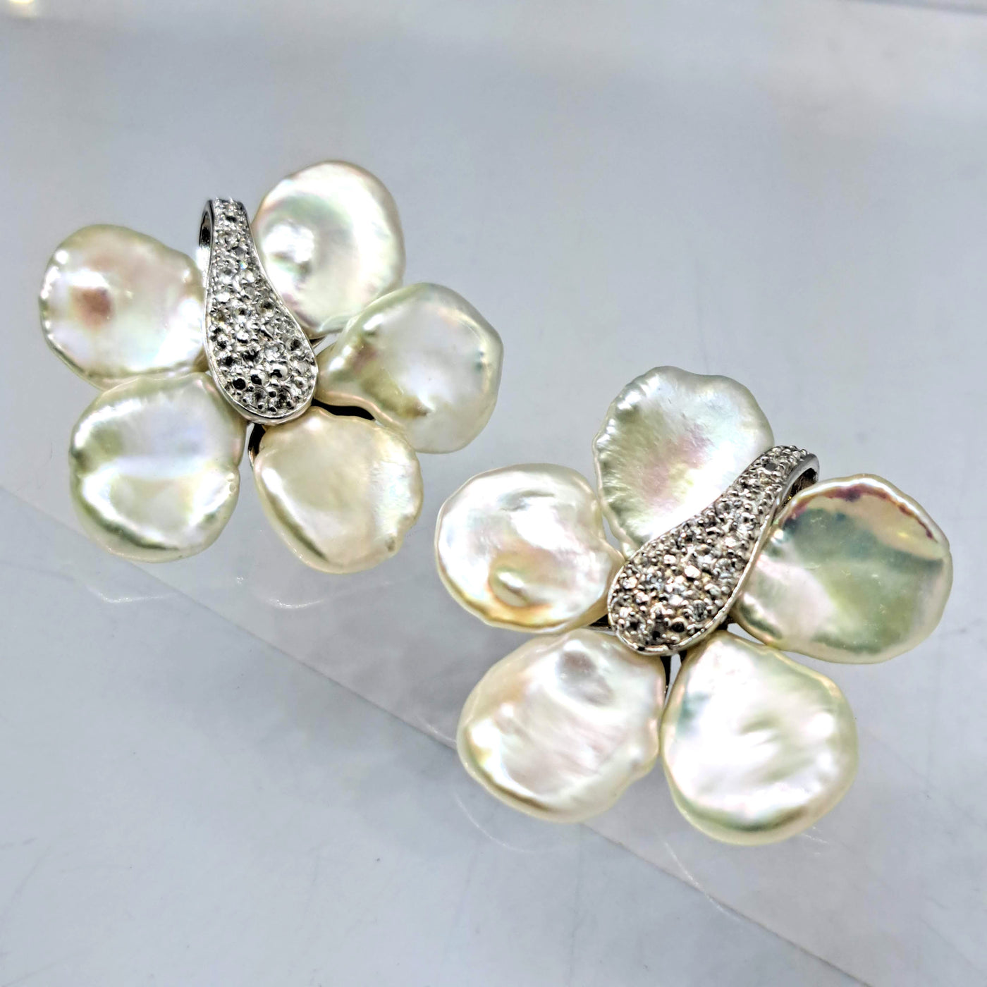 "Mind Bloom" 1.5" Earrings - Petal Pearls, White Topaz, Sterling (Anti-tarnish treated)
