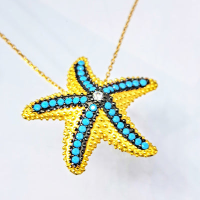 "Sea Star" 16"-18" Necklace - Nano Turquoise, Crystal, 18k Gold Sterling