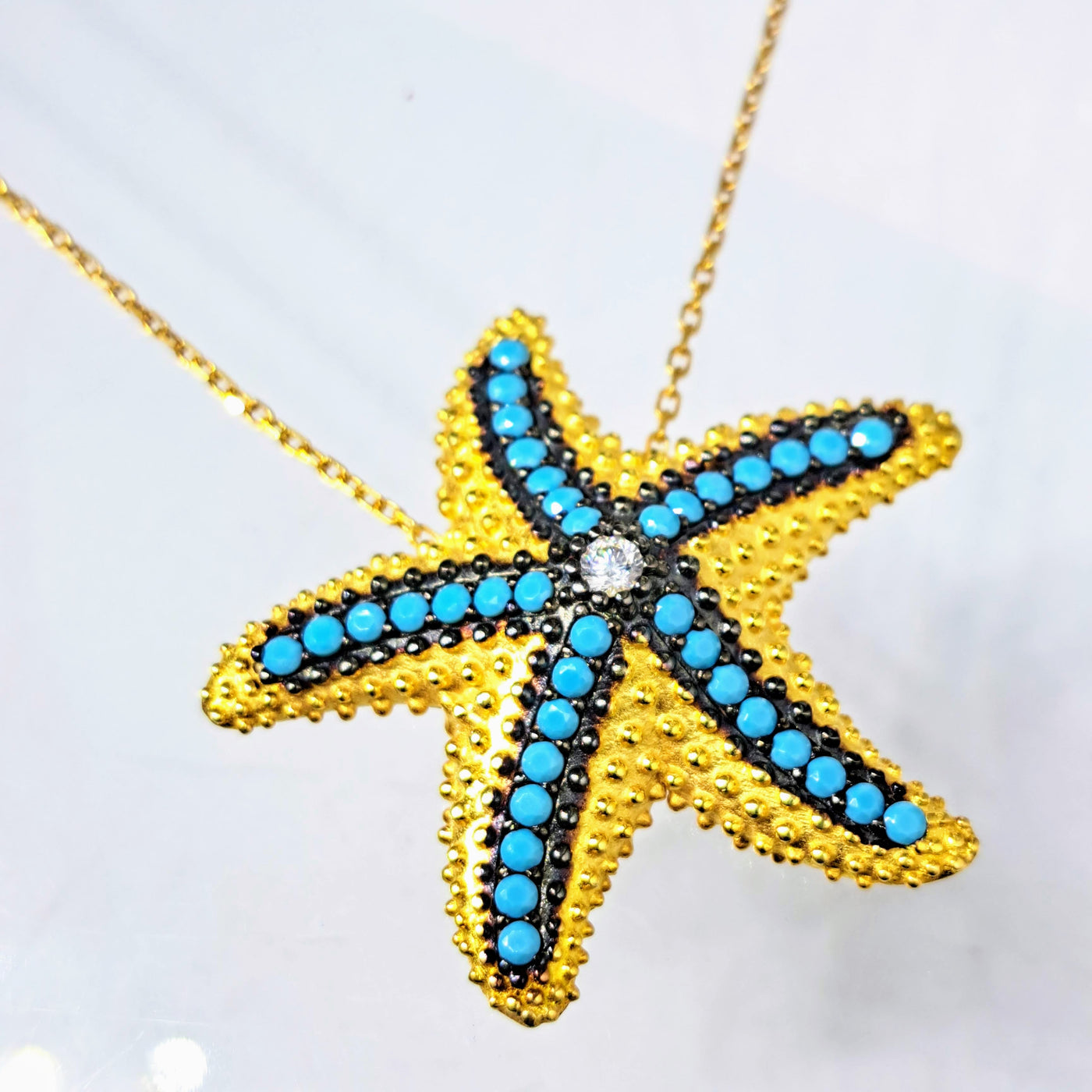 "Sea Star" 16"-18" Necklace - Nano Turquoise, Crystal, 18k Gold Sterling
