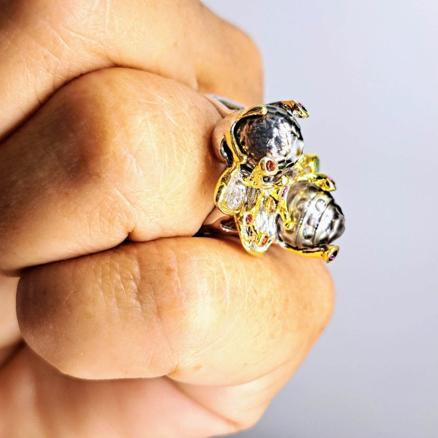 "Tahitian Treat" Sz 7.75 Ring - Tahitian Pearls, Emerald, Pink Tourmaline, Mandarin Sapphire, Anti-tarnish Sterling, 18K