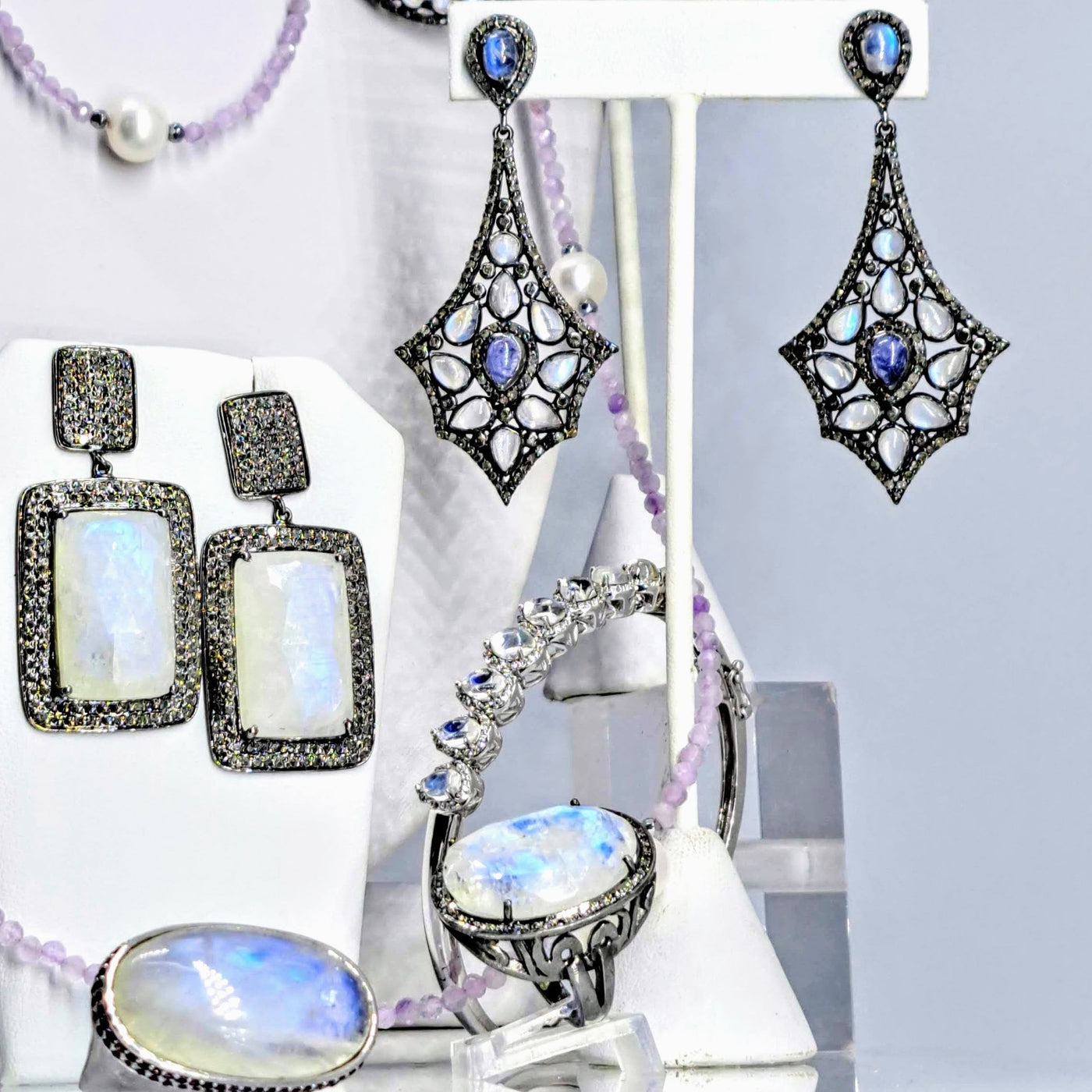 "Starry Night Stunners" 2.5" Earrings - Tanzanite, Moonstone, Diamonds, Black Sterling