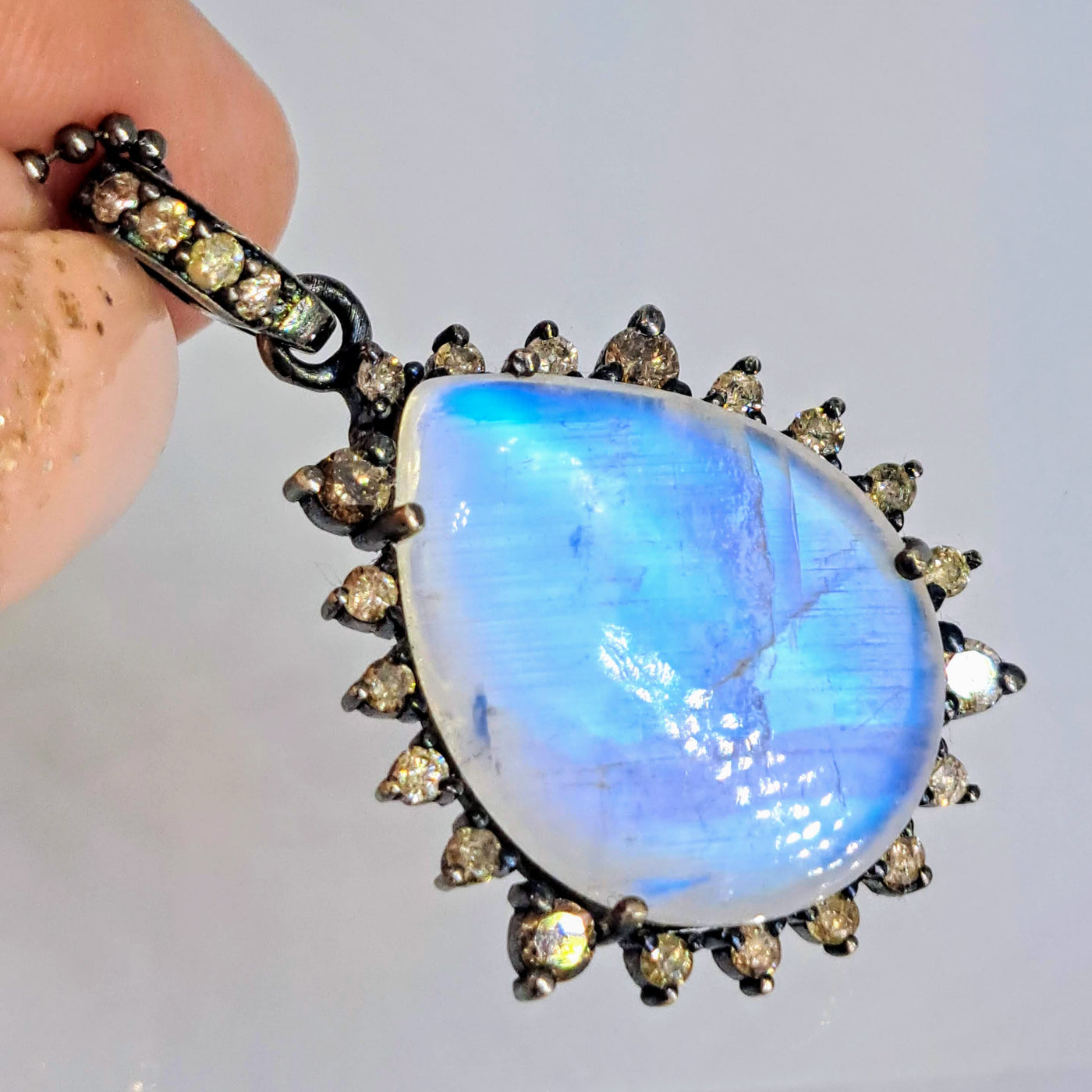 "The Mystic" Pendant Necklace - Diamonds, Moonstone, Black Sterling