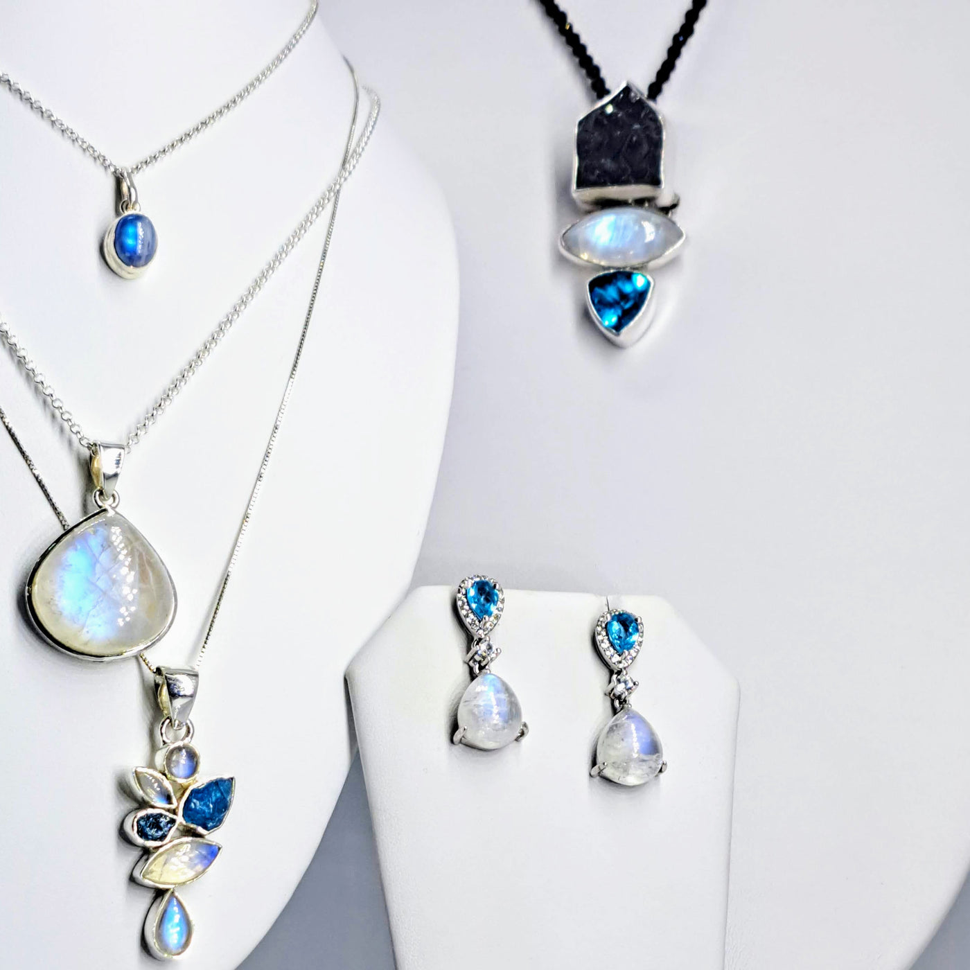 "Black At Sea" Pendant Necklace & Brooch - Spinel, Moonstone, Druzy, Apatite, Sterling,