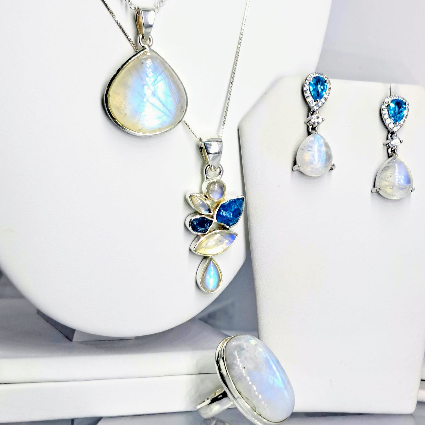 "Moon Shine" 1.25" Earrings - Moonstone, Sapphire, Apatite, Anti-tarnish Sterling