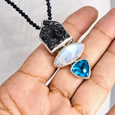 "Black At Sea" Pendant Necklace & Brooch - Spinel, Moonstone, Druzy, Apatite, Sterling,
