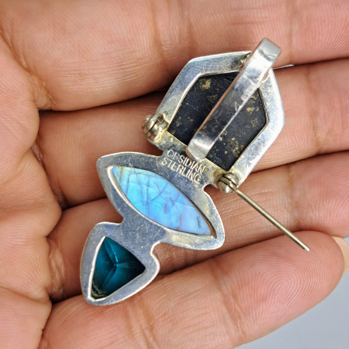 "Black At Sea" Pendant Necklace & Brooch - Spinel, Moonstone, Druzy, Apatite, Sterling,